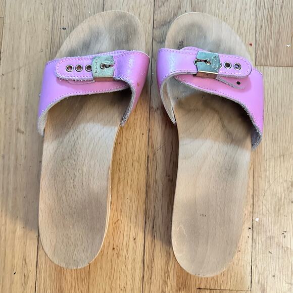 Dr. Scholls Original 10? Exercise Sandals Clogs Vintage Pink Leather Wooden Sole - Picture 3 of 15